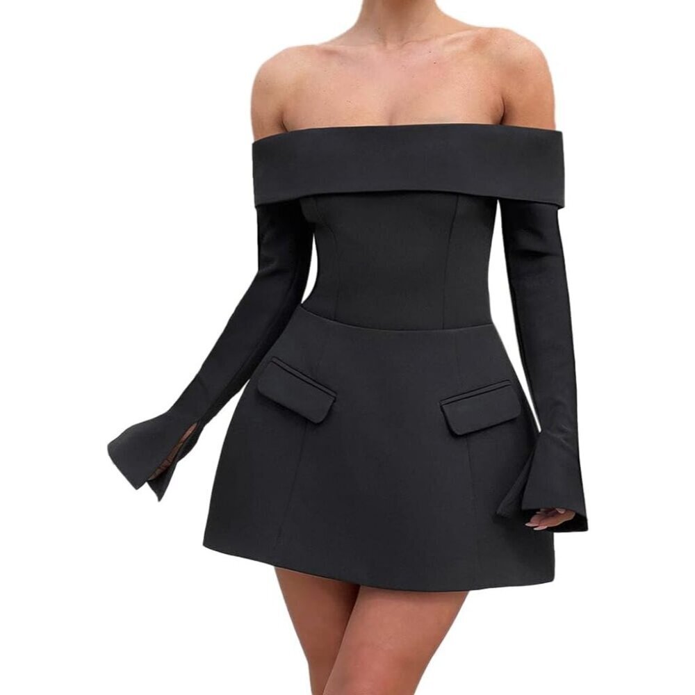 Women Long Sleeve Off Shoulder Mini Dress Sexy A Line Party Club Dress